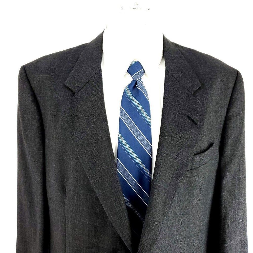 Jos A Bank Gordon Wool 2 Button Blazer 42L Gray Plaid W/ Blue Windowpane